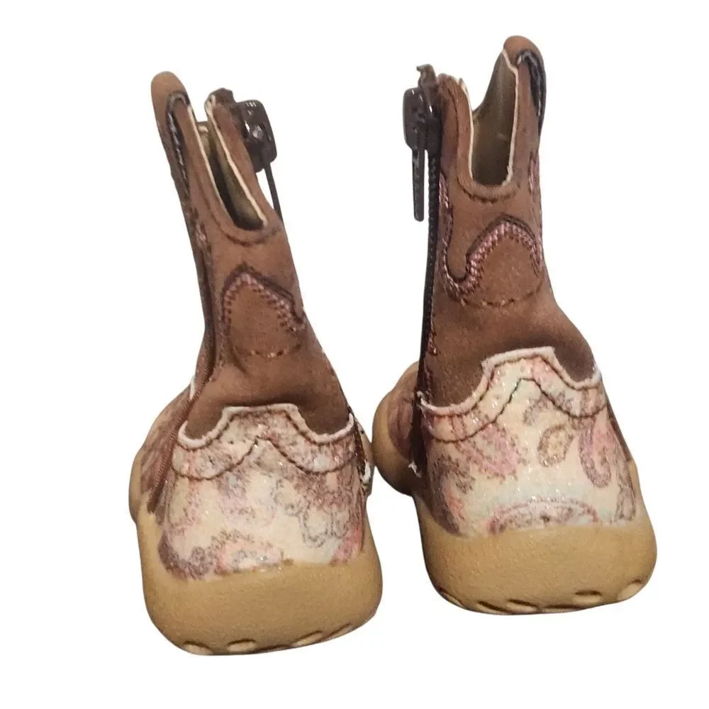 Roper Newborn Size 2 Soft Cowboy Boots Brown Yellow Paisley Side Zip Shoes